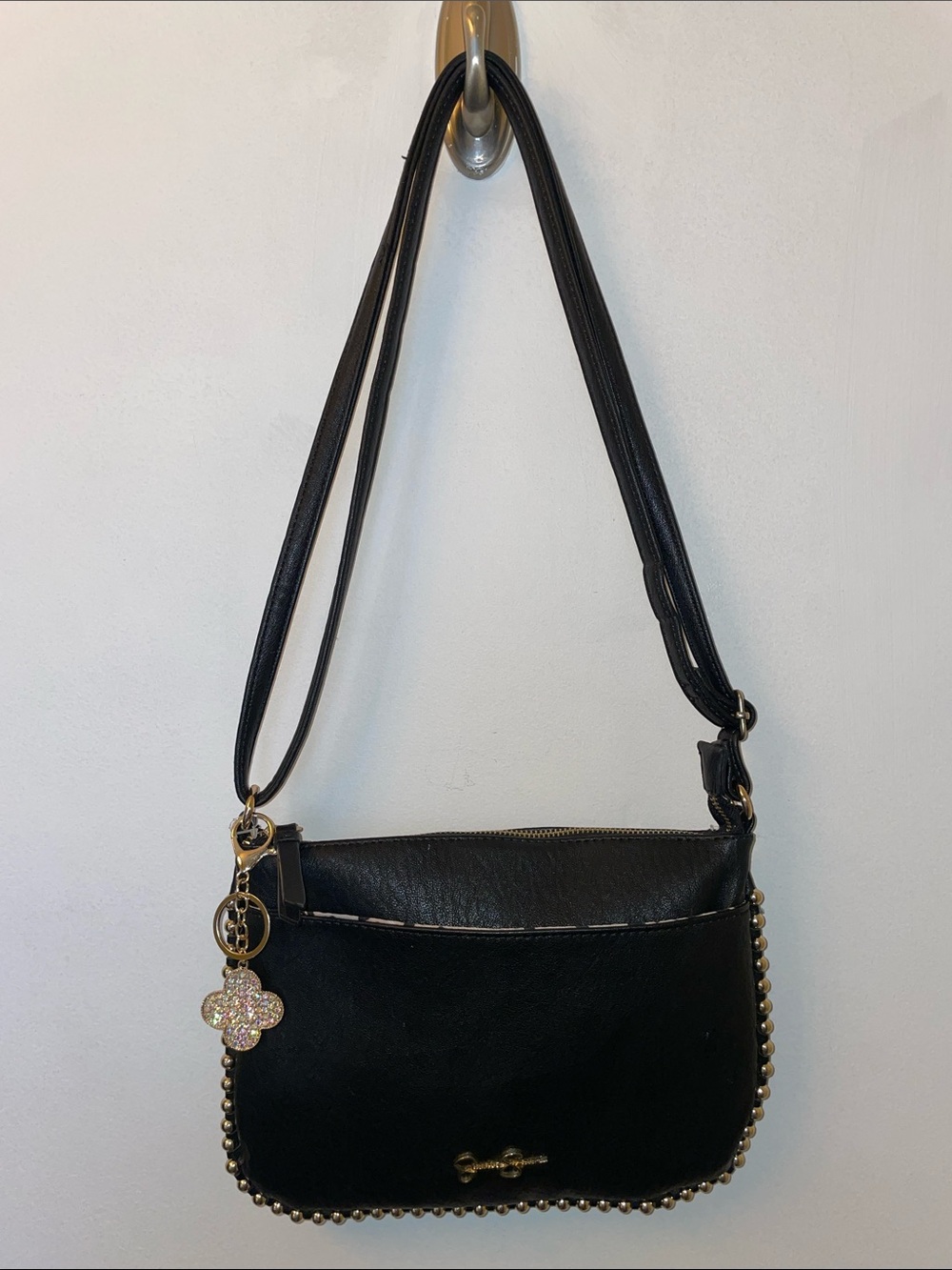 Jessica Simpson Black Faux Leather Shoulder/Crossbody Bag with Gold Beaded Trim